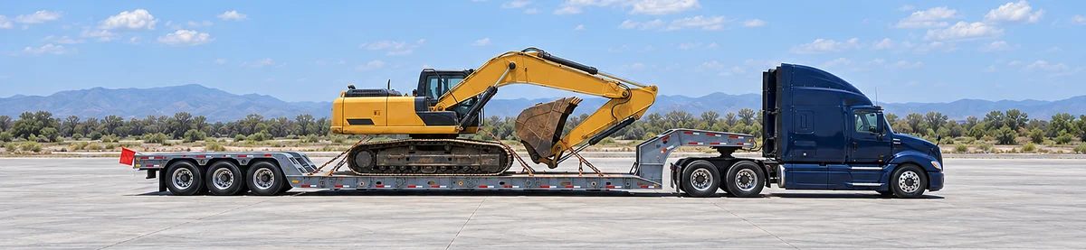 Cama baja lowboy transportando maquinaria pesada — Marín Grúas